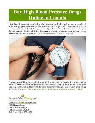 Buy High Blood Pressure Drugs Online in Canada
