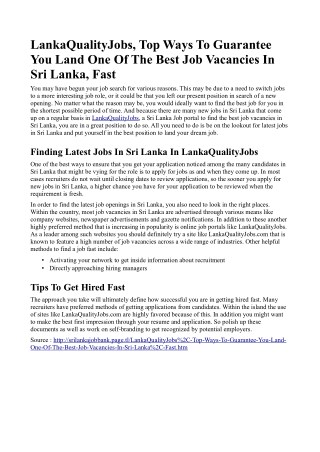 LankaQualityJobs, Best Job Vacancies In Sri Lanka