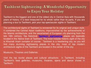 Tashkent Sightseeing: A Wonderful Opportunity to Enjoy Your Holiday