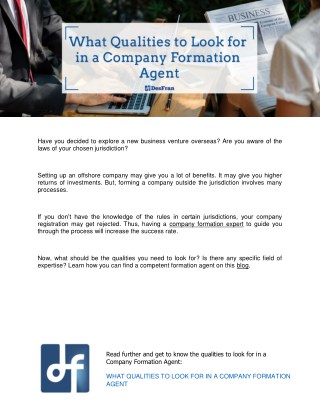 What Qualities to Look for in a Company Formation Agent
