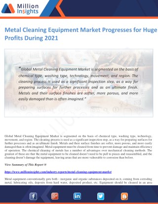 Metal Cleaning Equipment Market Progresses for Huge Profits During 2021