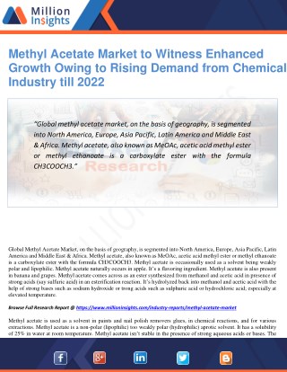 Methyl Acetate Market to Witness Enhanced Growth Owing to Rising Demand from Chemical Industry till 2022
