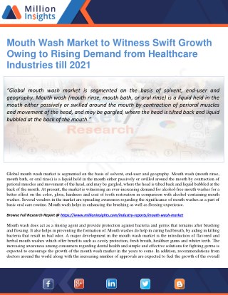 Mouth Wash Market to Witness Swift Growth Owing to Rising Demand from Healthcare Industries till 2021