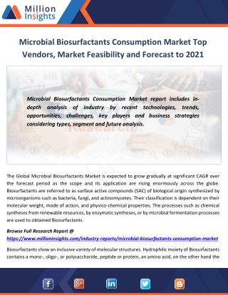 Microbial Biosurfactants Consumption Market Top Vendors, Market Feasibility and Forecast to 2021