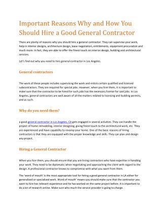 Important Reasons Why and How You Should Hire a Good General Contractor