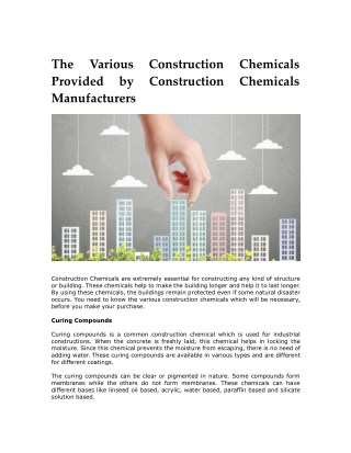 The Various Construction Chemicals Provided by Construction Chemicals Manufacturers