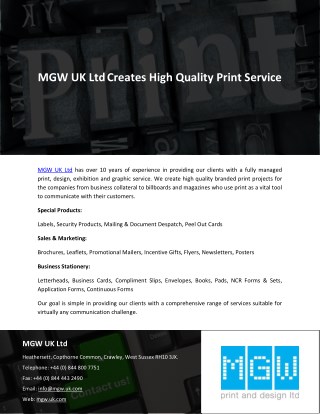 MGW UK Ltd Creates High Quality Print Service