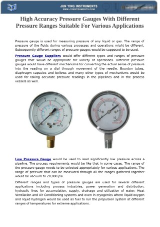 High Accuracy Pressure Gauges With Different Pressure Ranges Suitable For Various Applications