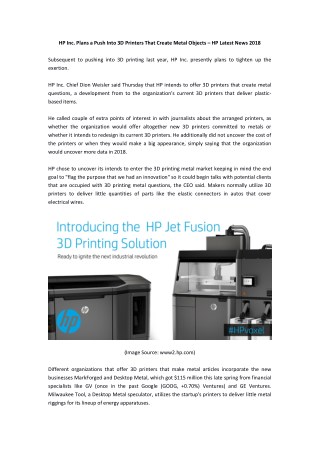 HP Inc. Plans a Push Into 3D Printers That Create Metal Objects – HP Latest News 2018