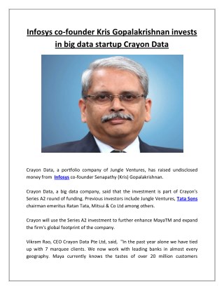 Infosys co-founder Kris Gopalakrishnan invests in big data startup Crayon Data