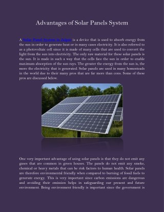 Advantages of Solar Panels System