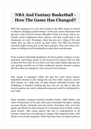 NBA And Fantasy Basketball - How The Game Has Changed?