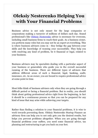 Oleksiy Nesterenko Helping You with Your Financial Problems