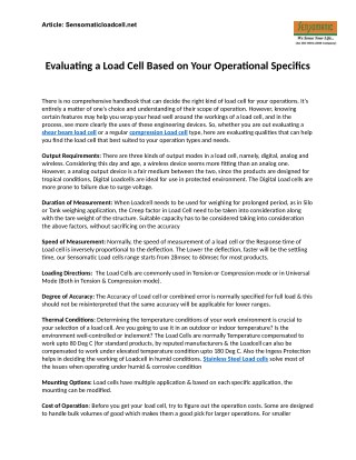 Read Evaluating a Load Cell Based on Your Operational Specifics