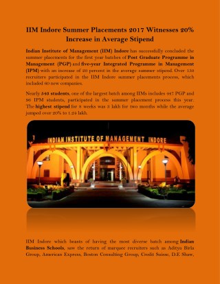 IIM Indore Summer Placements 2017 Witnesses 20% Increase in Average Stipend