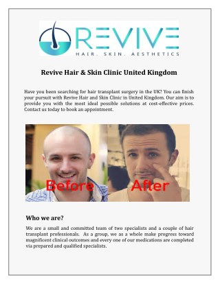 Get Best Approach to Hair Transplant in Essex, UK at Revive Hair & Skin Clinic