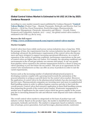 Global Control Valves Market Is Estimated to hit US$ 14.5 Bn by 2025: Credence Research