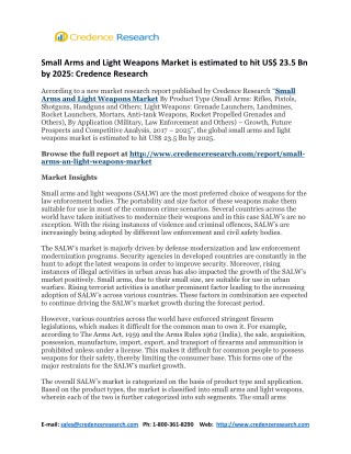 Small Arms and Light Weapons Market is estimated to hit US$ 23.5 Bn by 2025: Credence Research