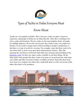 Types of Yachts in Dubai Everyone Must Know About