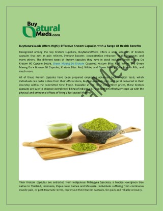 BuyNaturalMeds Offers Highly Effective Kratom Capsules with a Range Of Health Benefits