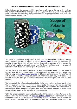 Get the awesome gaming experience with Online Poker India