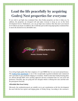 Lead the Life Peacefully by acquiring Godrej Nest Properties for Everyone