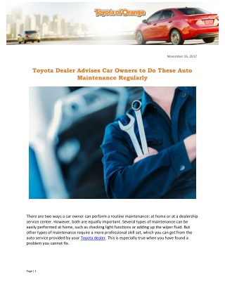 Toyota Dealer Advises Car Owners to Do These Auto Maintenance Regularly