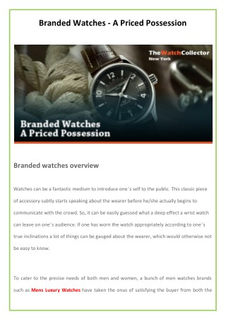 Branded Watches - A Priced Possession