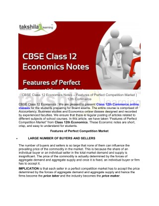 CBSE Class 12 Economics Notes - Features of Perfect Competition Market