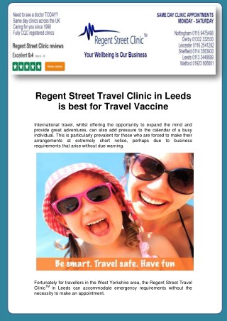Regent Street Travel Clinic™ in Leeds is best for Travel Vaccine