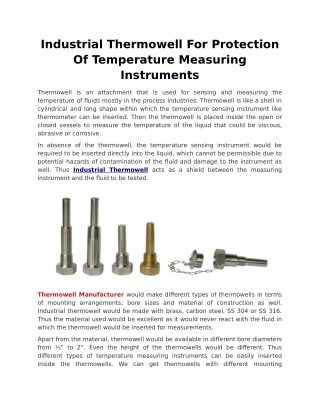 Industrial Thermowell For Protection Of Temperature Measuring Instruments