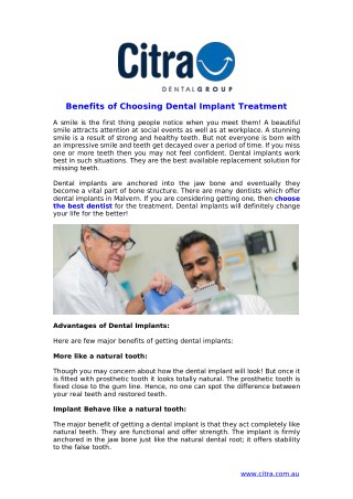 Benefits of Choosing Dental Implant Treatment