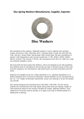 Disc Washers Manufacturers Suppliers Exporters Mumbai India