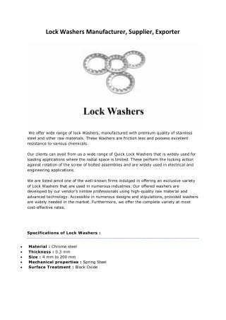 Lock Washers Manufacturers Suppliers Exporters Mumbai India