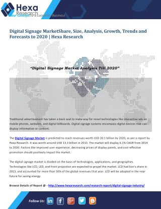 Digital Signage Industry Research and Global Market Analysis Report, 2020