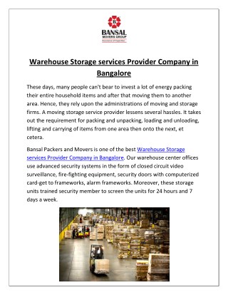 Warehouse Storage services Provider Company in Bangalore