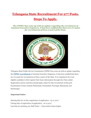 Telangana State Recruitment For 277 Posts. Steps To Apply.