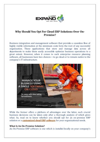 Why Should You Opt For Cloud ERP Solutions Over On-Premise?