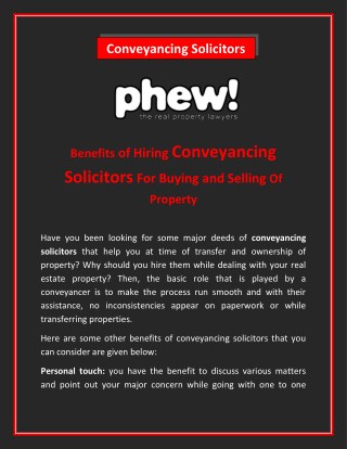 Benefits of Hiring Conveyancing Solicitors For Buying and Selling Of Property