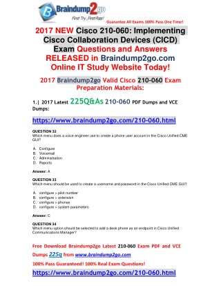 [2017-Nov]Braindump2go Latest 210-060 VCE Dumps 225Q&As Free Share(Q32-Q42)