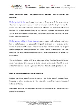 WRITING MEDICAL CONTENT FOR CLINICAL RESEARCH-QUICK GUIDE FOR CLINICAL PRACTITIONERS AND RESEARCHERS