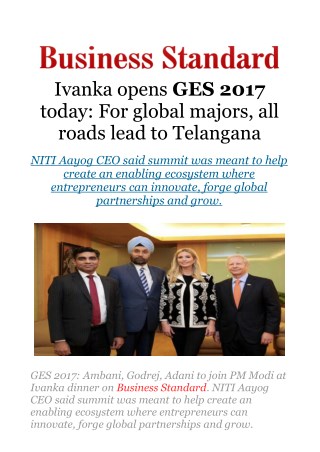 GES 2017: Ambani, Godrej, Adani to join PM Modi at Ivanka dinner