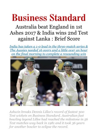 Australia beat England in 1st Ashes 2017 & India wins 2nd Test against Lanka : Brief Score