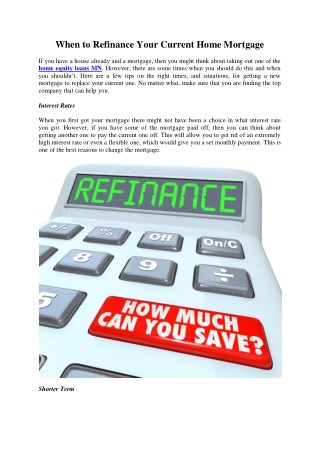 When to Refinance Your Current Home Mortgage