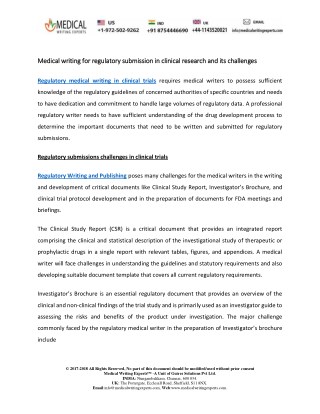 MEDICAL WRITING FOR REGULATORY SUBMISSION IN CLINICAL RESEARCH AND ITS CHALLENGES