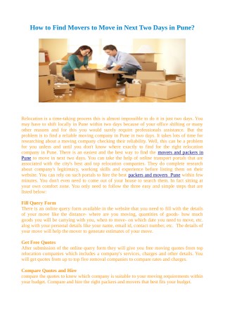 How to Find Movers to Move in Next Two Days in Pune?