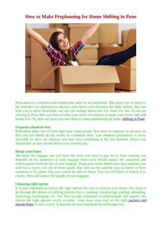 How to Make Preplanning for Home Shifting in Pune