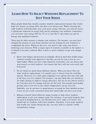 Learn How To Select Windows Replacement To Suit Your Needs