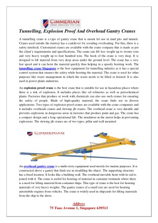 Tunnelling, Explosion Proof And Overhead Gantry Cranes