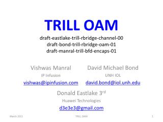 TRILL OAM draft-eastlake-trill-rbridge -channel-00 draft-bond-trill-rbridge-oam-01 draft-manral-trill-bfd-encaps-01